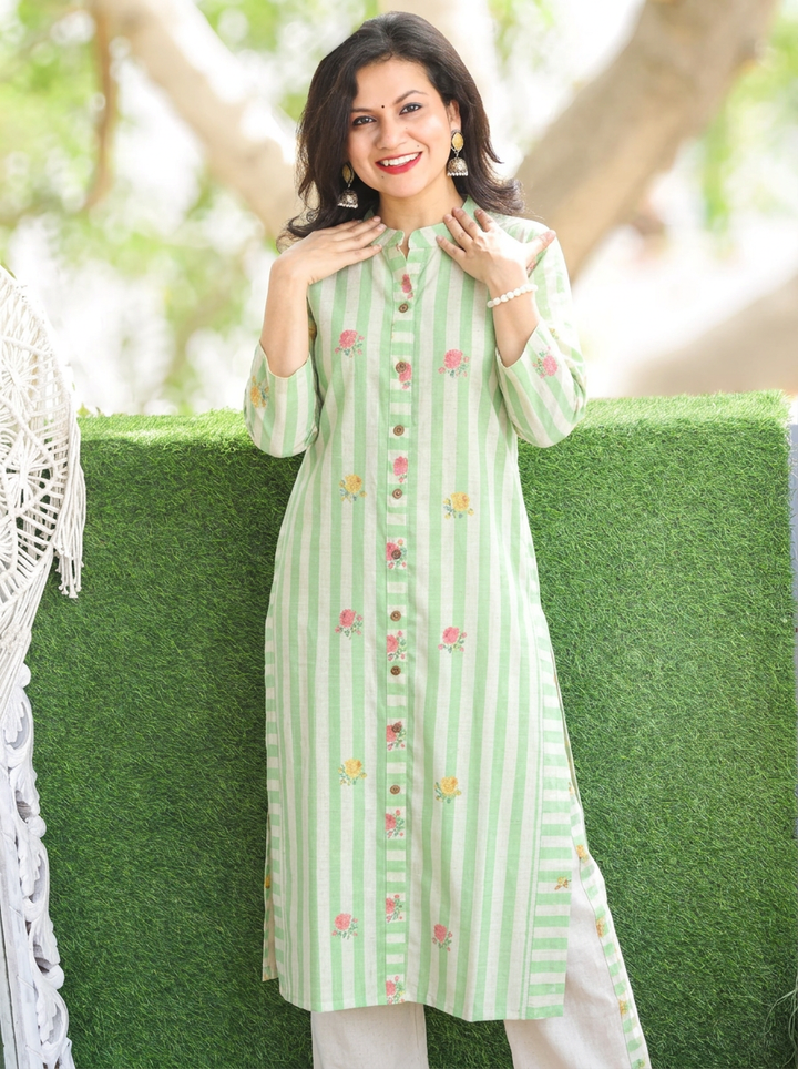 Meeravi Green White Stripe Print Cotton Linen Co-ord Set