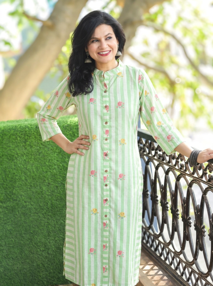 Meeravi Green White Stripe Print Cotton Linen Co-ord Set