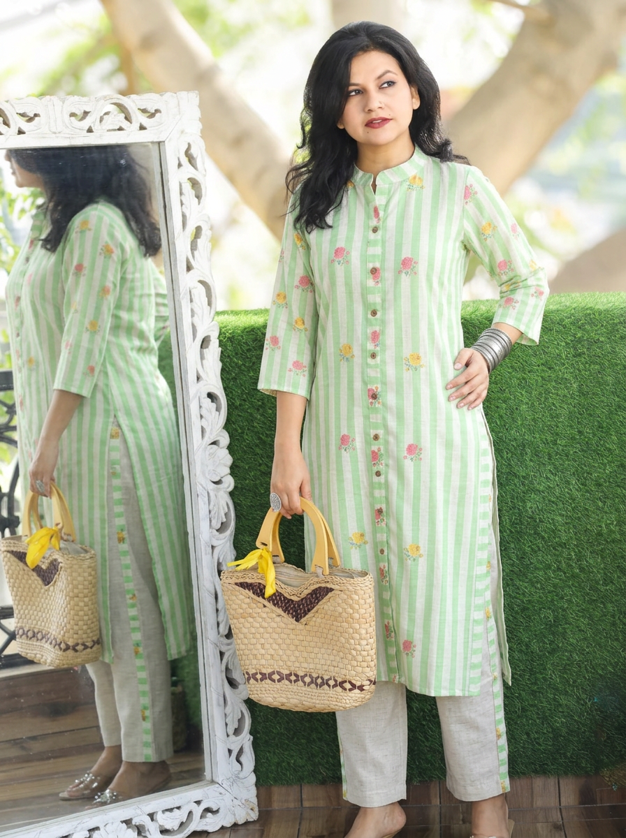 Meeravi Green White Stripe Print Cotton Linen Co-ord Set
