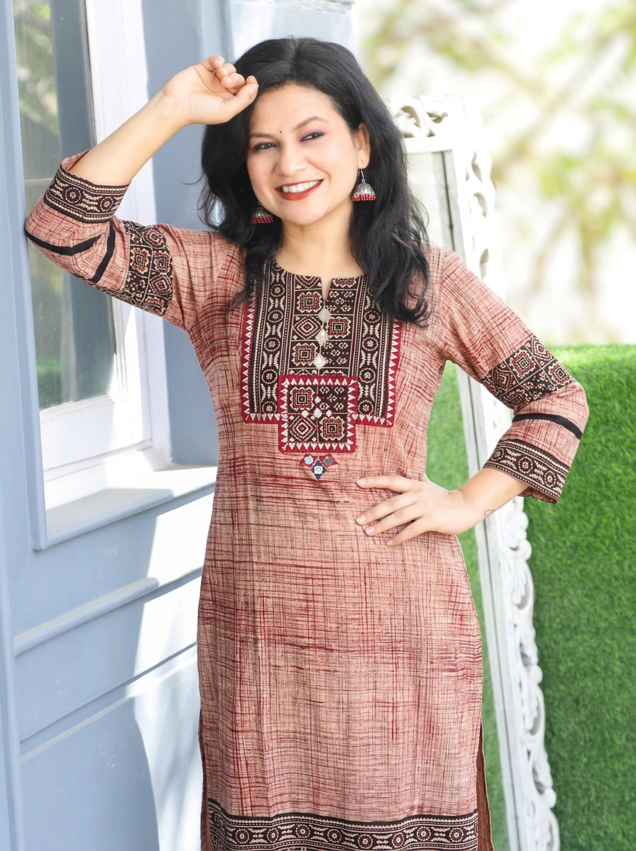 Zariya Beige Black  Ajrakh Yoke Brush Painted Cotton Kurti