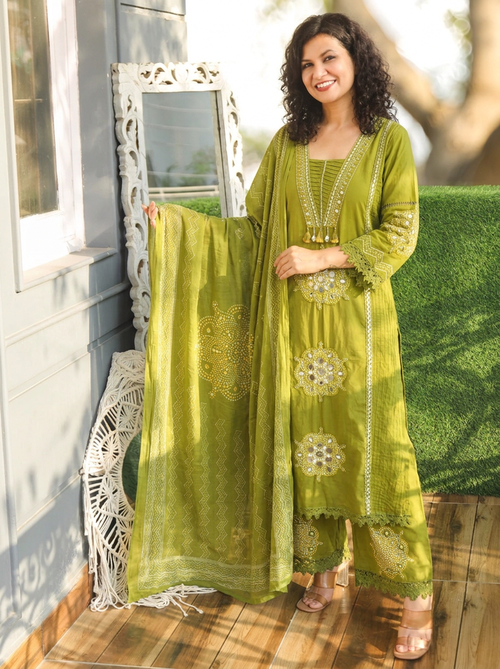 Kavya Green V Neck Panel Style Cotton 3 Piece Set