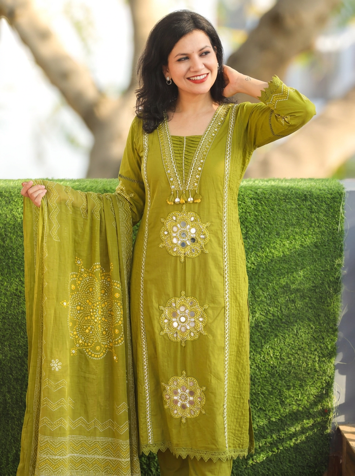 Kavya Green V Neck Panel Style Cotton 3 Piece Set