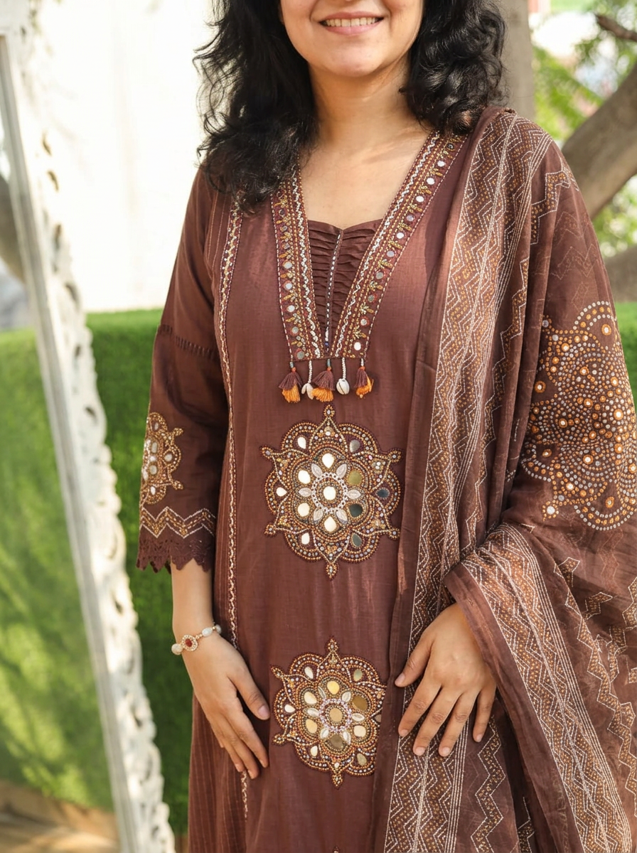 Kavya Brown V Neck Panel Style Cotton 3 Piece Set