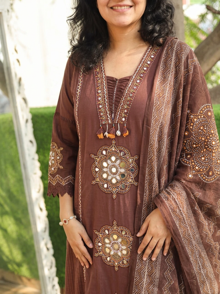 Kavya Brown V Neck Panel Style Cotton 3 Piece Set