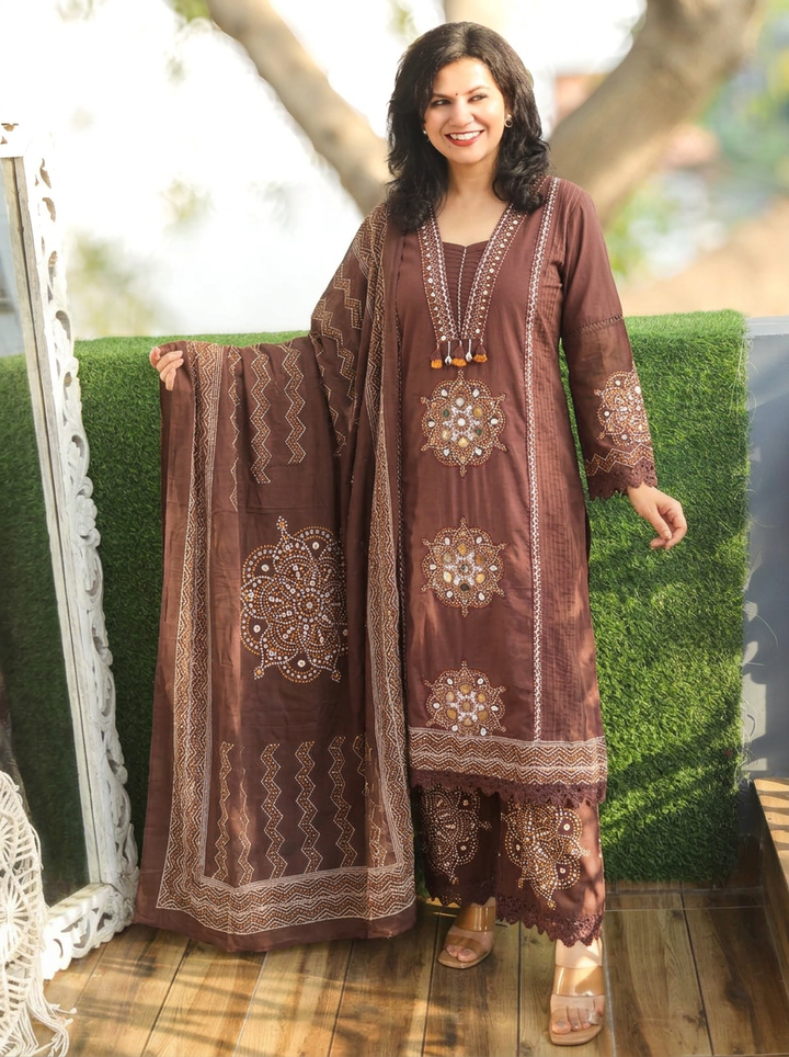 Kavya Brown V Neck Panel Style Cotton 3 Piece Set