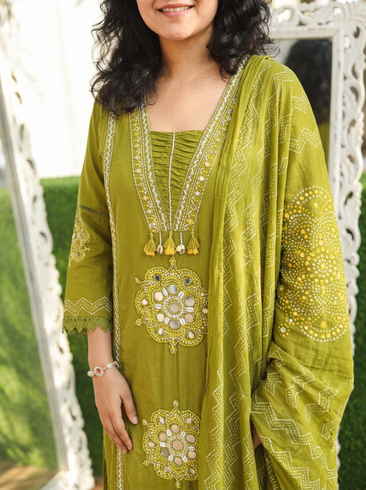 Kavya Green V Neck Panel Style Cotton 3 Piece Set