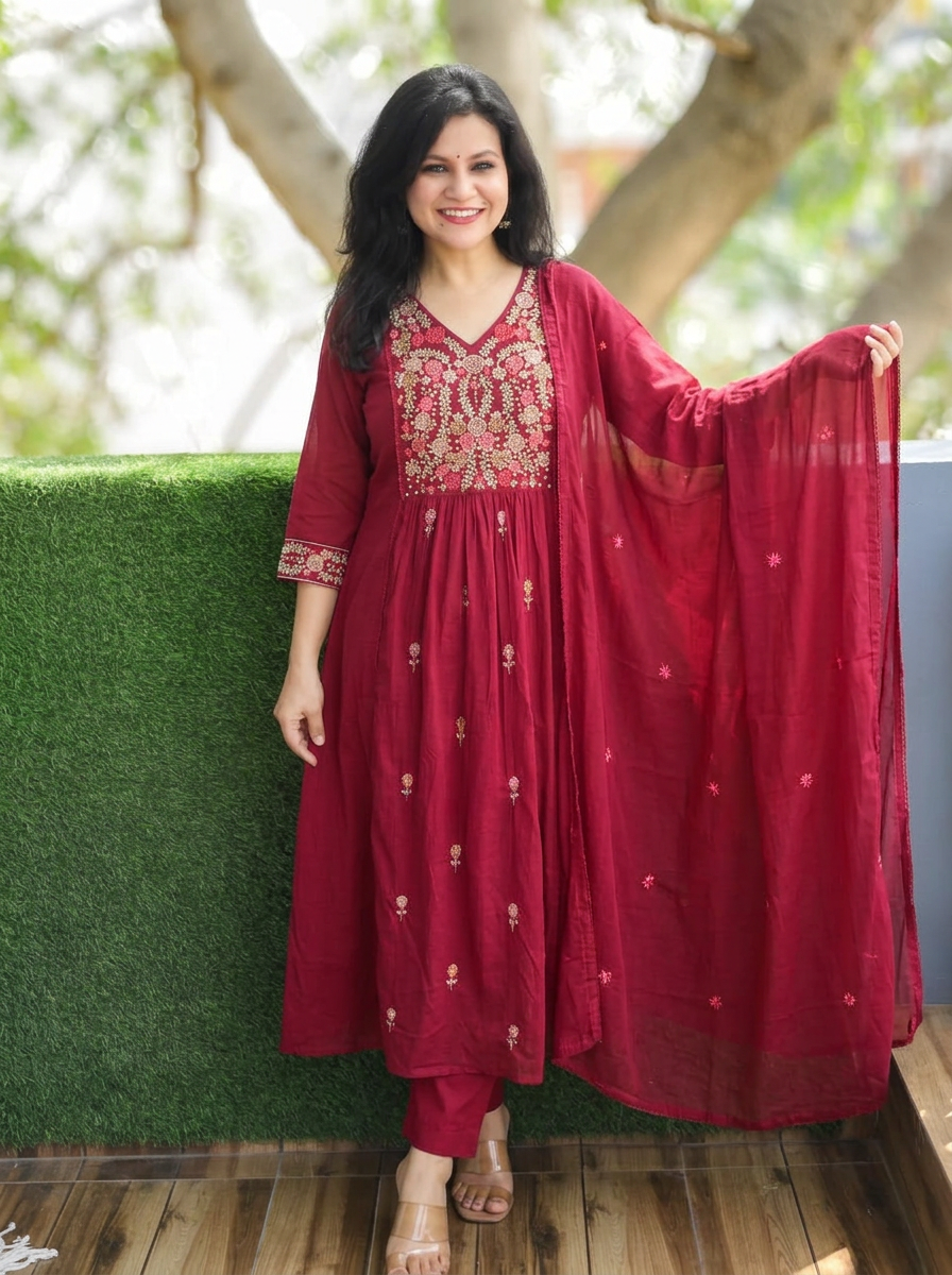 Ruchi Berry Red Embroidered Mul Cotton 3 Piece Set