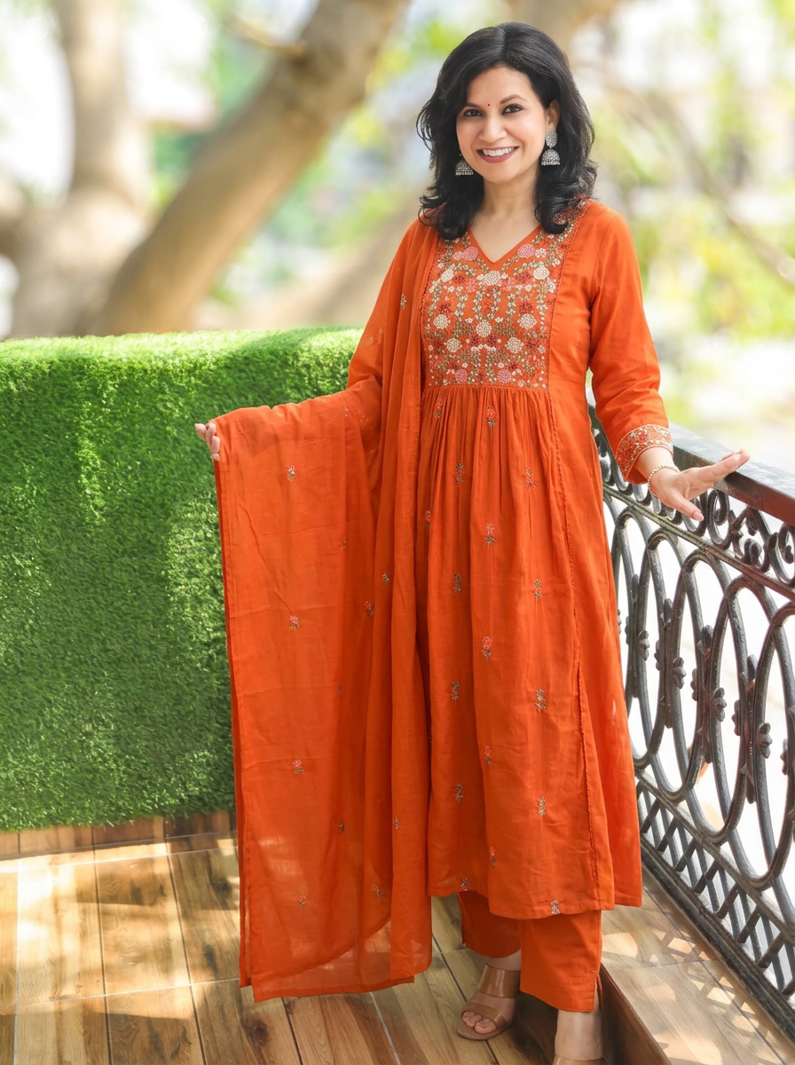 Ruchi Fire Orange Embroidered Mul Cotton 3 Piece Set