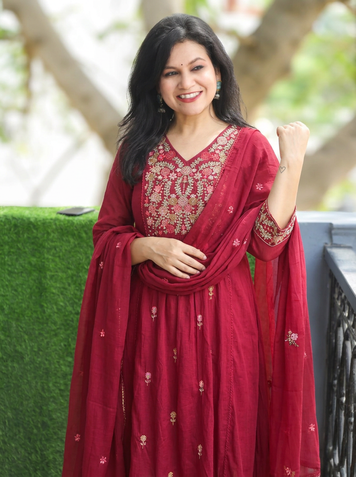 Ruchi Berry Red Embroidered Mul Cotton 3 Piece Set