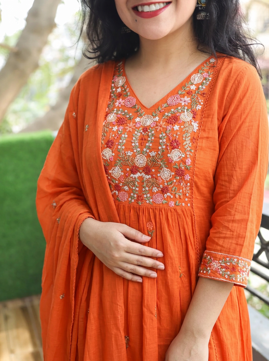 Ruchi Fire Orange Embroidered Mul Cotton 3 Piece Set