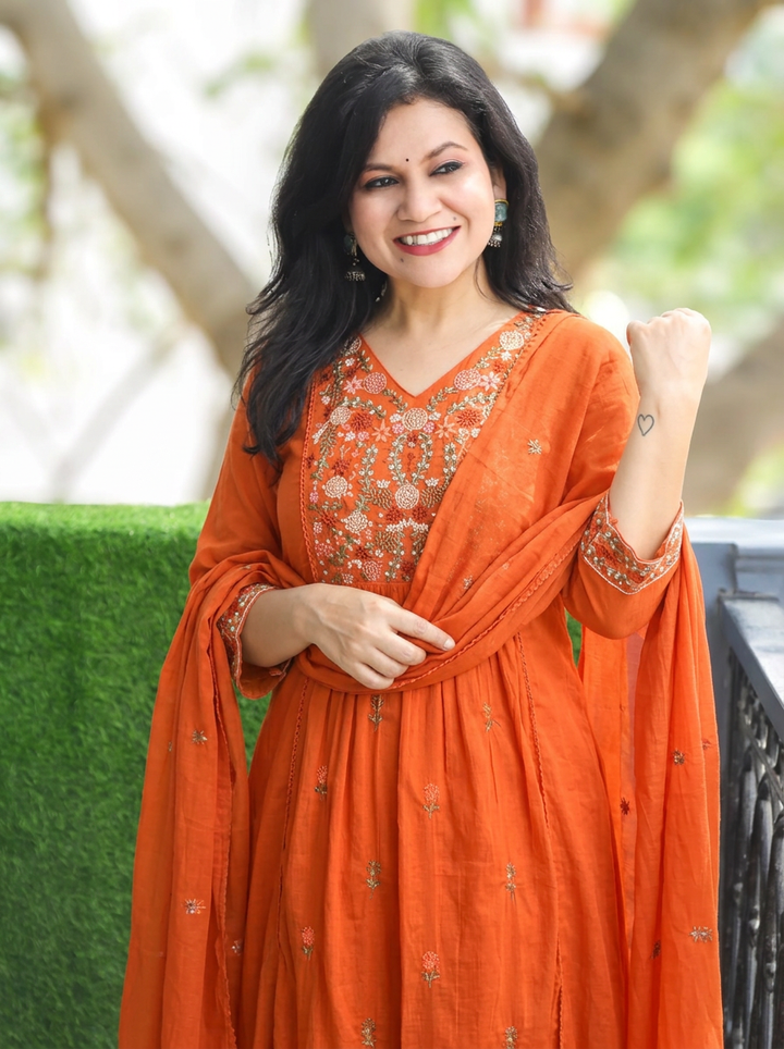 Ruchi Fire Orange Embroidered Mul Cotton 3 Piece Set