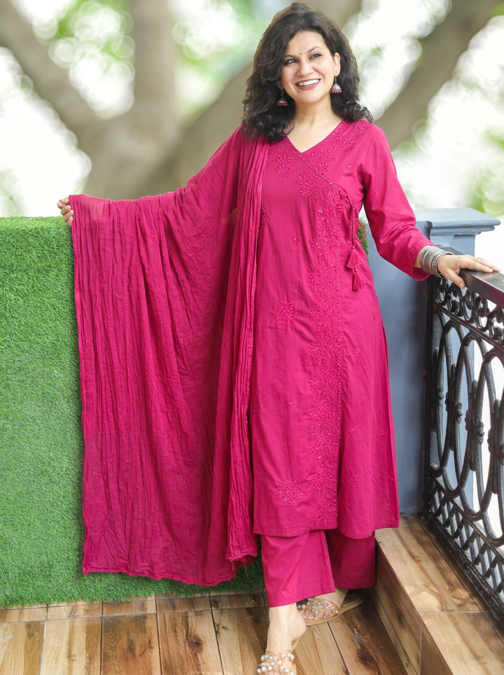 Soni Magenta Pink Angrakha Embroidered Cotton 3 Piece Set