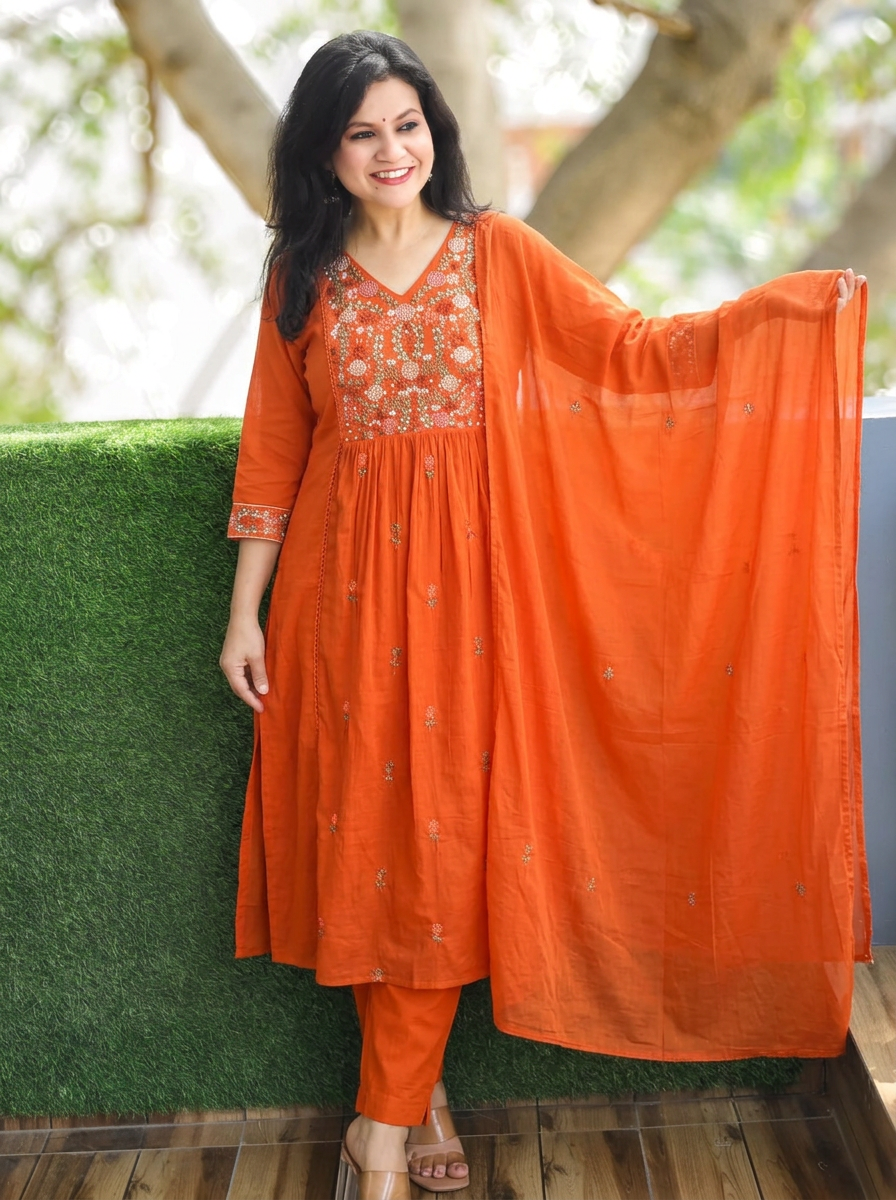 Ruchi Fire Orange Embroidered Mul Cotton 3 Piece Set