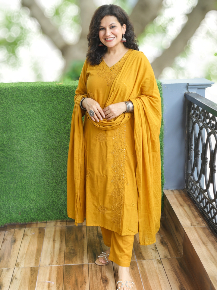 Soni Yellow Angrakha Embroidered Cotton 3 Piece Set