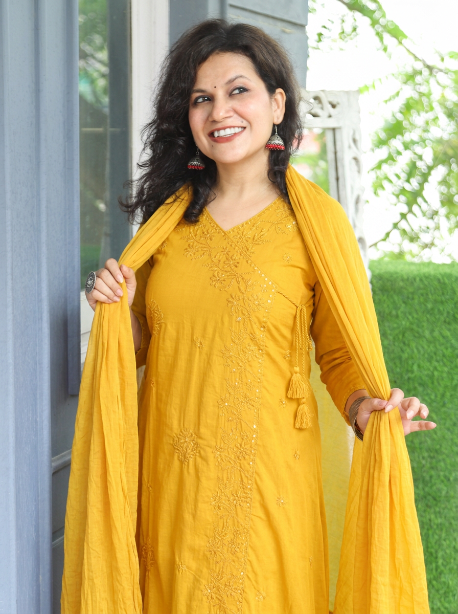 Soni Yellow Angrakha Embroidered Cotton 3 Piece Set