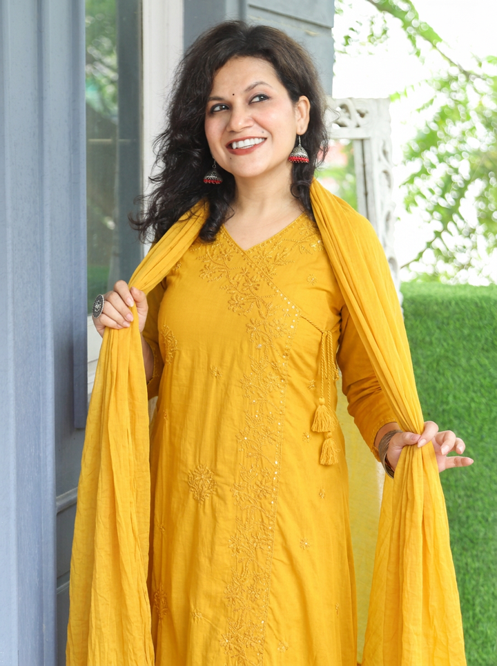 Soni Yellow Angrakha Embroidered Cotton 3 Piece Set