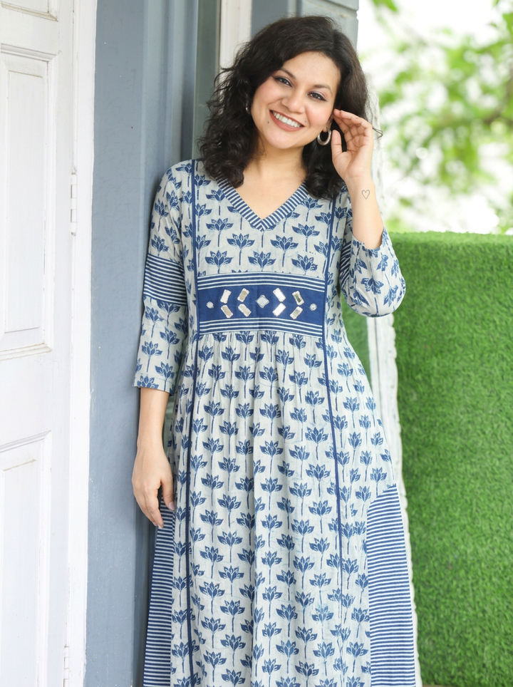Jyotica Glacier Blue Mirror work Panel Style Cotton Dress