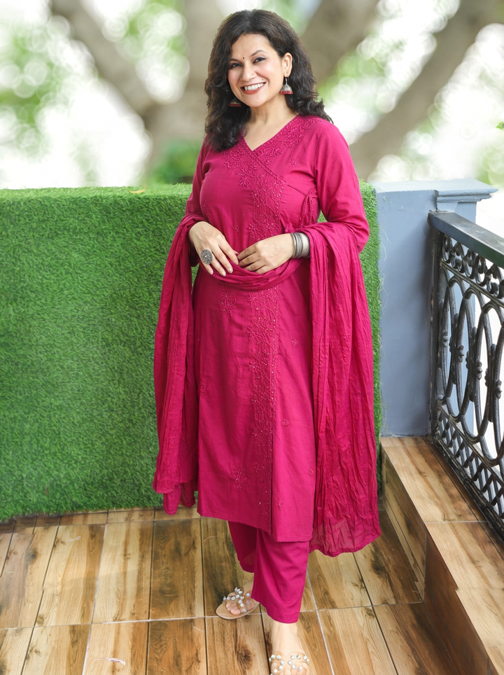 Soni Magenta Pink Angrakha Embroidered Cotton 3 Piece Set