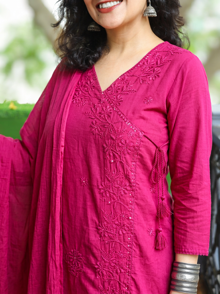 Soni Magenta Pink Angrakha Embroidered Cotton 3 Piece Set