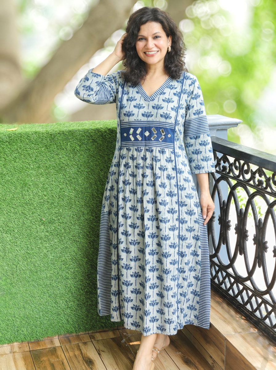 Jyotica Glacier Blue Mirror work Panel Style Cotton Dress