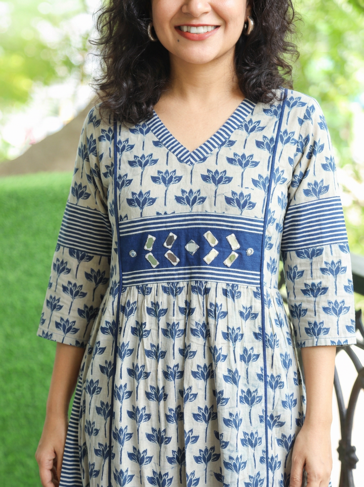 Jyotica Glacier Blue Mirror work Panel Style Cotton Dress