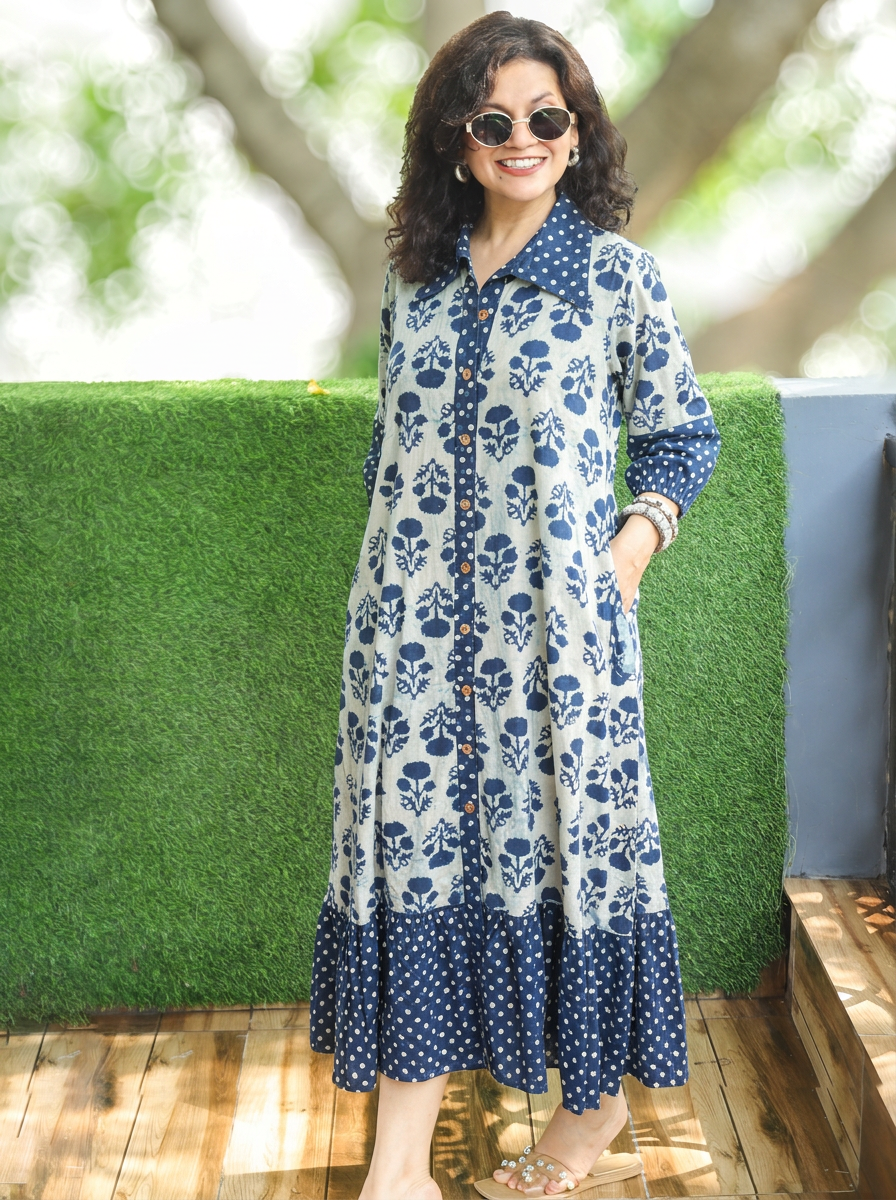 Asya Ice Blue Dabu Print Button Down Cotton Dress