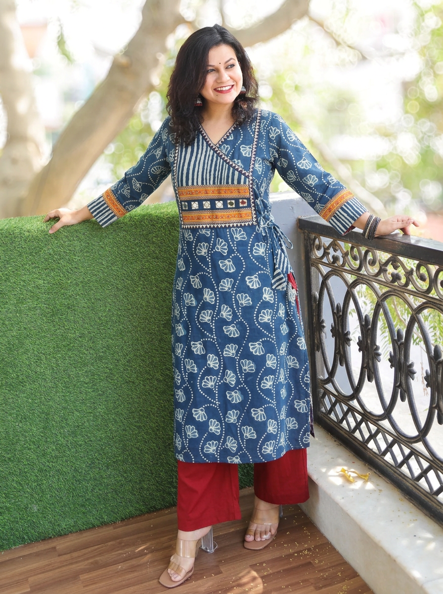 Siya Denim Blue Angrakha Dabu Cotton Kurti