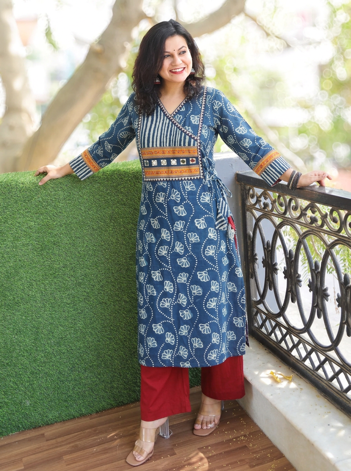 Siya Denim Blue Angrakha Dabu Cotton Kurti