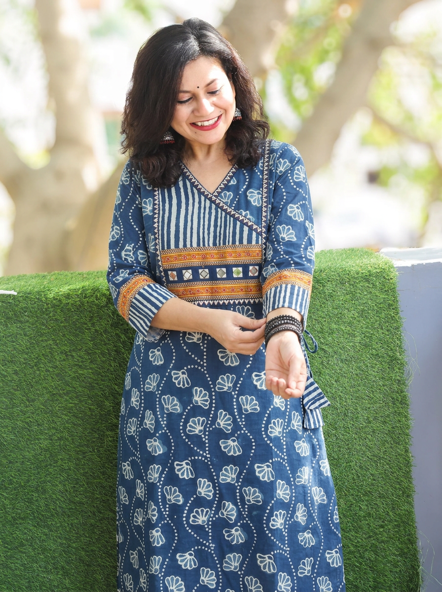 Siya Denim Blue Angrakha Dabu Cotton Kurti