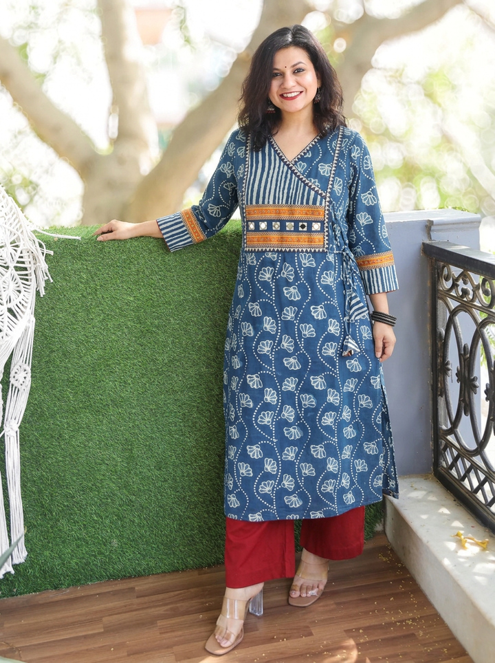 Siya Denim Blue Angrakha Dabu Cotton Kurti