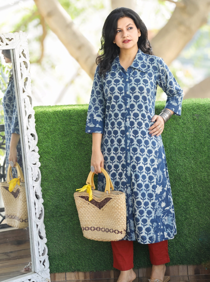 Kriya Iced Blue Dabu Printed Button Down Cotton Kurti