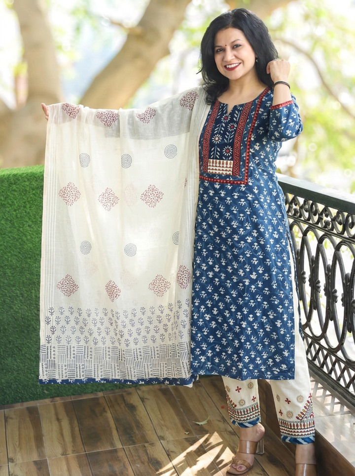 Charvi Indigo Blue Dabu Printed 3 Piece Set