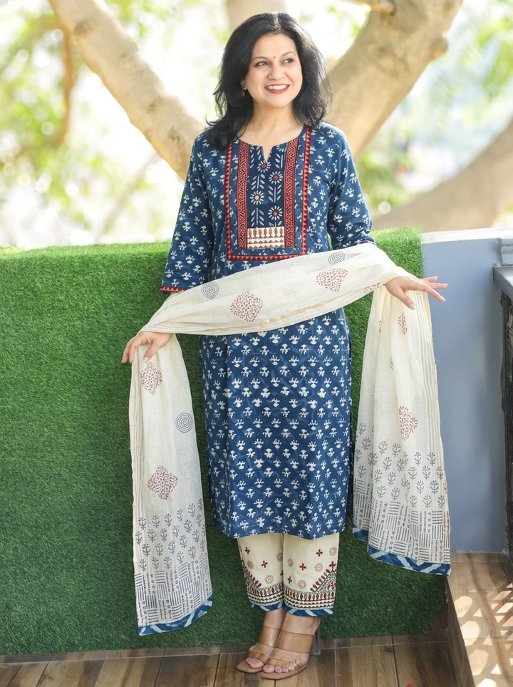 Charvi Indigo Blue Dabu Printed 3 Piece Set