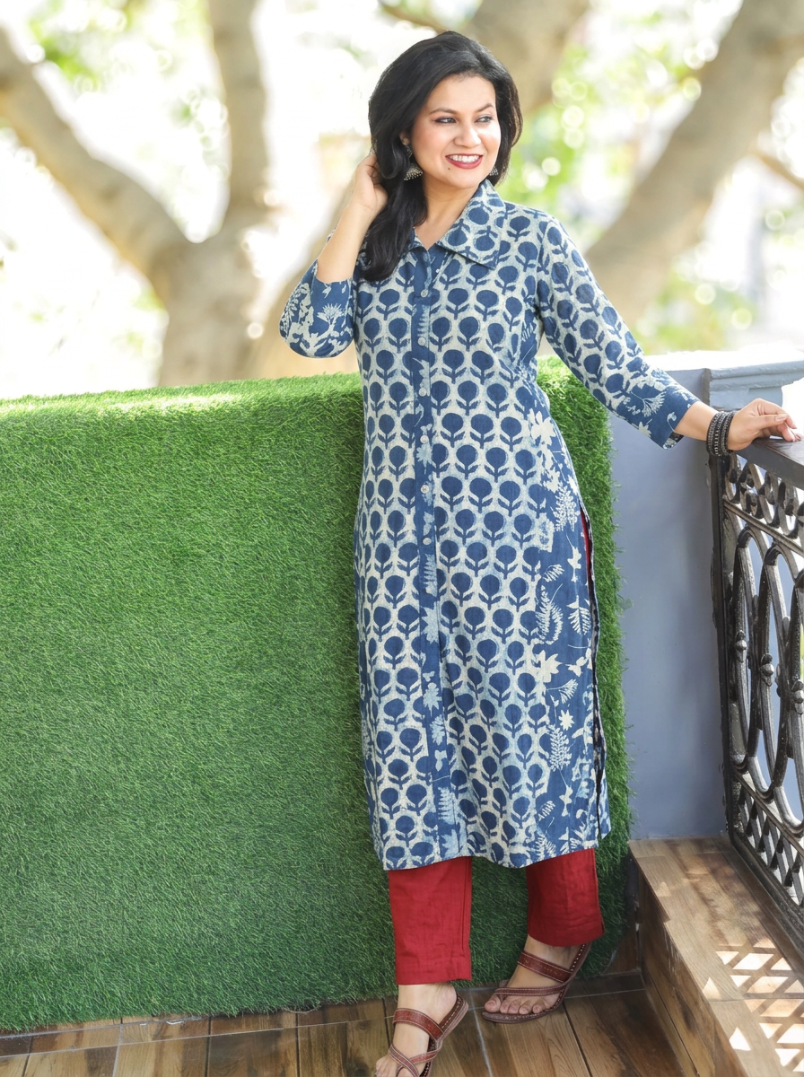 Kriya Iced Blue Dabu Printed Button Down Cotton Kurti
