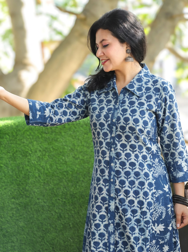 Kriya Iced Blue Dabu Printed Button Down Cotton Kurti