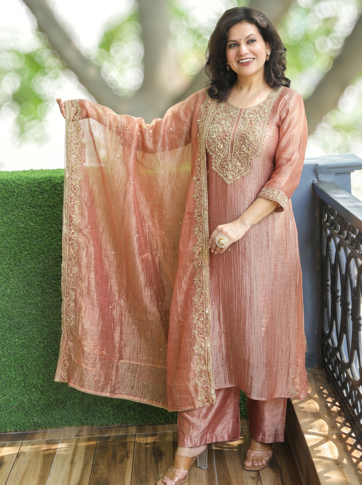 Rashi Dusty Peach Embellished Crinkle Shimmer Tissue Set