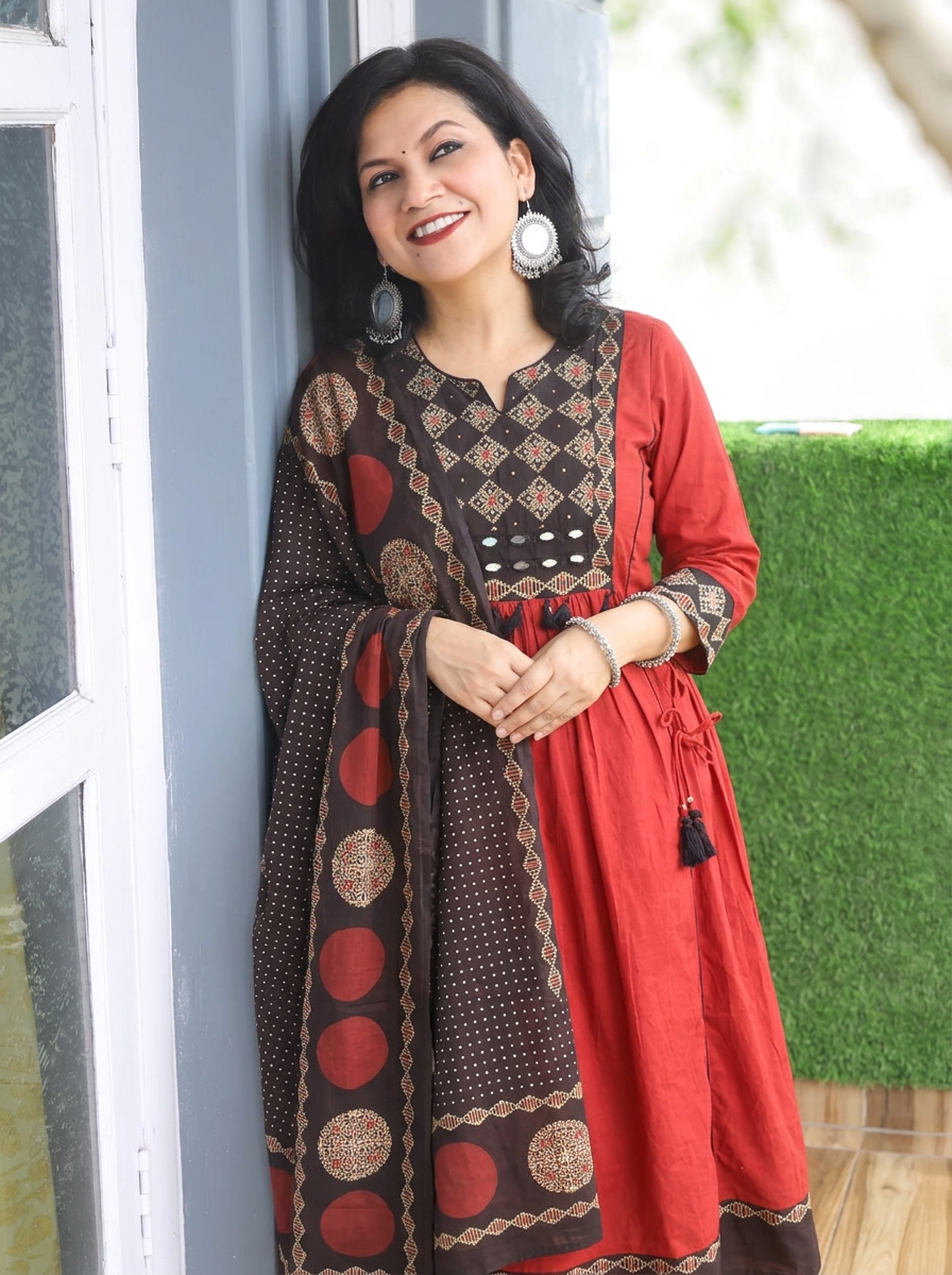 Navya Maroon Red Mirror Work Ajrak Yoke Cotton 3 Piece Set