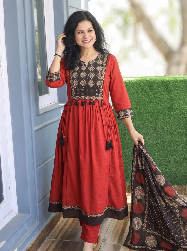 Navya Maroon Red Mirror Work Ajrak Yoke Cotton 3 Piece Set