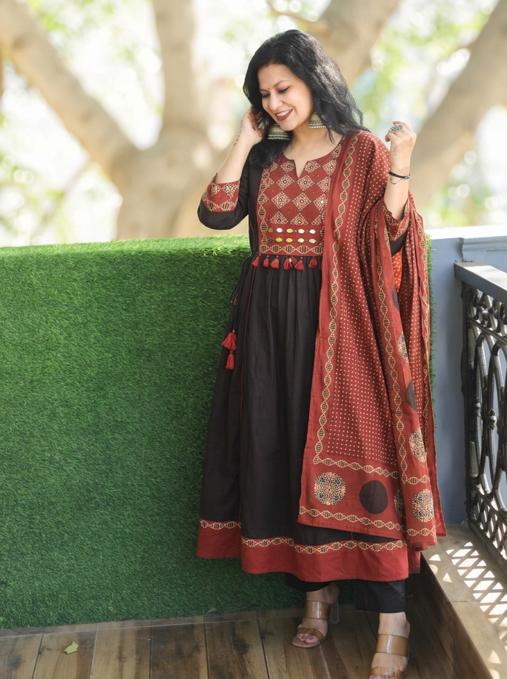 Navya Ebony Black Mirror Work Ajrakh Yoke Cotton 3 Piece Set