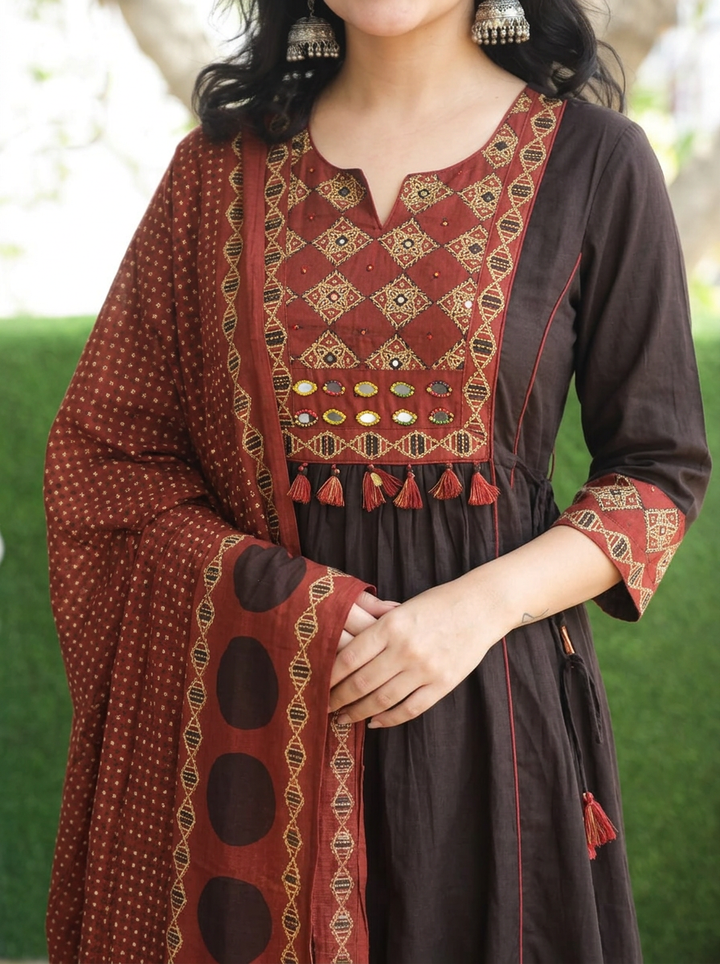 Navya Ebony Black Mirror Work Ajrakh Yoke Cotton 3 Piece Set