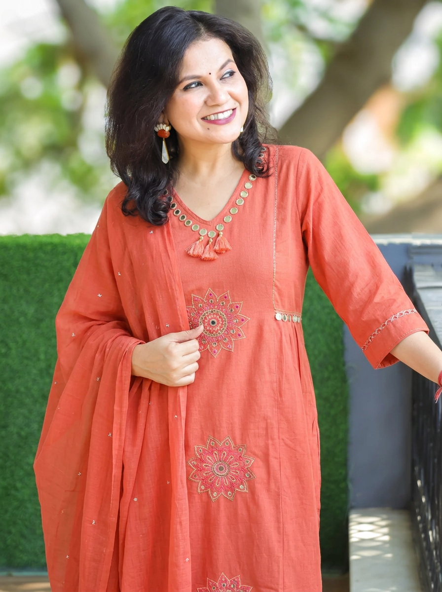 Meher Peach Embroidered with Tassels Cotton 3 Piece Set