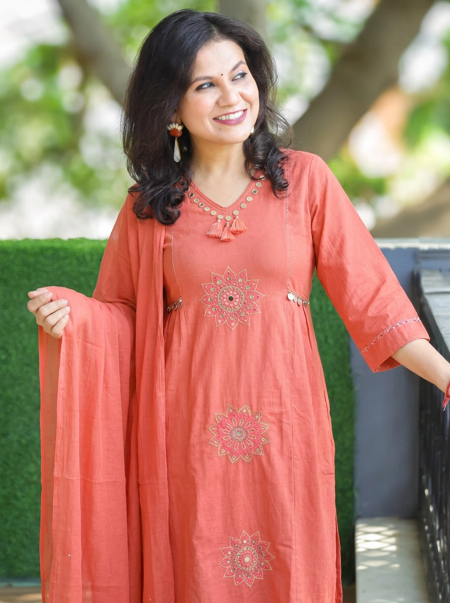 Meher Peach Embroidered with Tassels Cotton 3 Piece Set