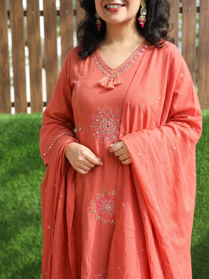 Meher Peach Embroidered with Tassels Cotton 3 Piece Set