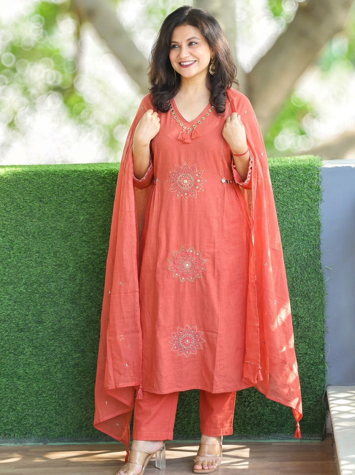 Meher Peach Embroidered with Tassels Cotton 3 Piece Set