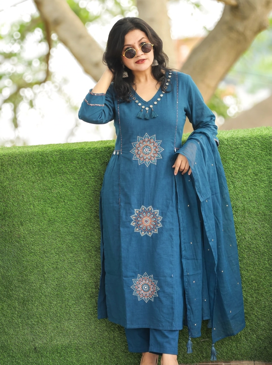 Meher Blue Embroidered with Tassels Cotton 3 Piece Set