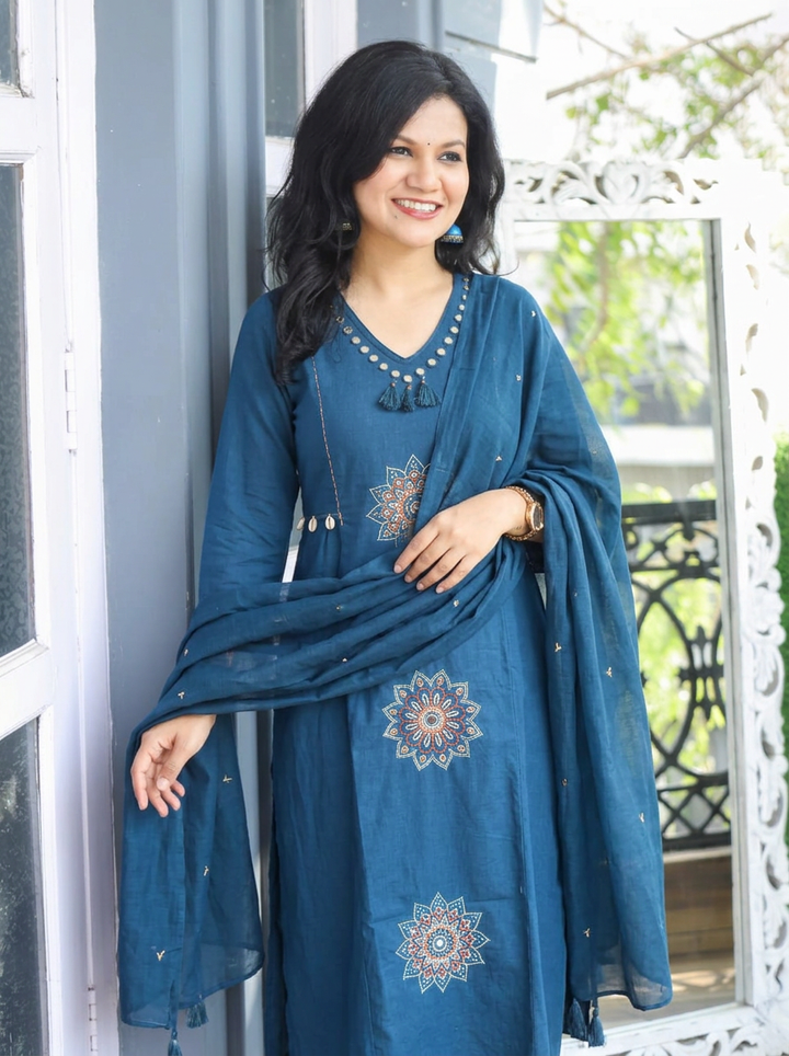 Meher Blue Embroidered with Tassels Cotton 3 Piece Set
