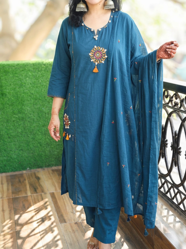 Myra Teal Blue Embroidered Pocket Cotton 3 Piece Set