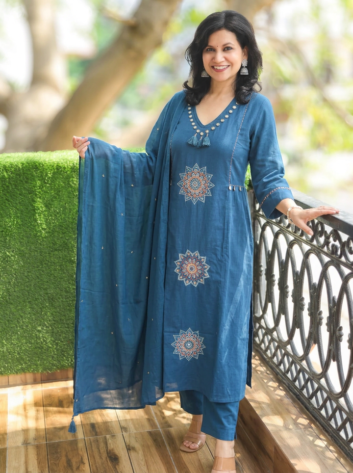 Meher Blue Embroidered with Tassels Cotton 3 Piece Set
