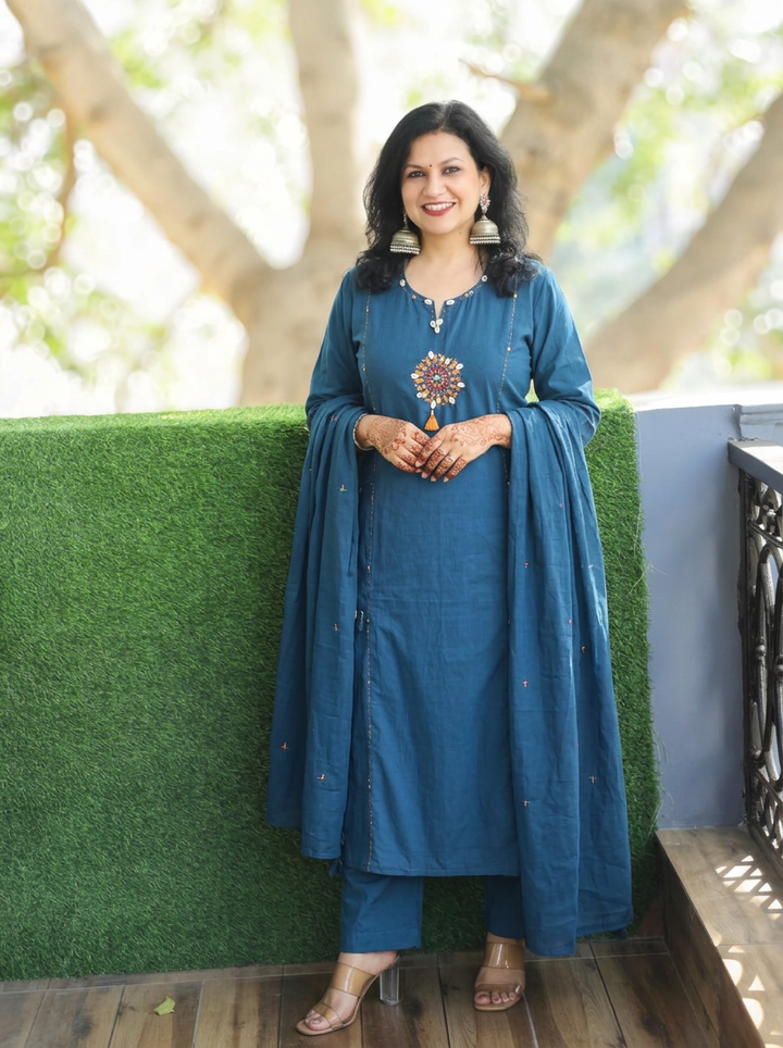 Myra Teal Blue Embroidered Pocket Cotton 3 Piece Set