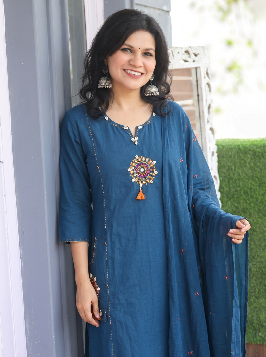 Myra Teal Blue Embroidered Pocket Cotton 3 Piece Set